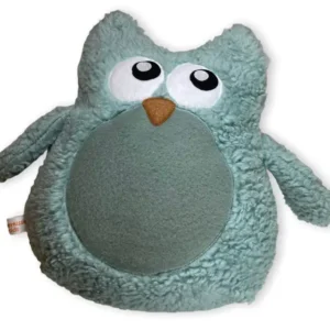Eule Kuscheltier groß in verschiedenen Farben. Abgebildet in Farbe mint. Das Kuscheltier besteht aus Plüschstoff und ist 24 cm groß. Auf der Vorderseite sieht man zwei große Augen mit weißem Hintergrund und schwarzen Pupillen. Der Blick ist verträumt und lädt zum Kuscheln ein. Der Bauch besteht aus dunklerem Fleecestoff und ist kreisrund mit etwa 15 Zentimeter Durchmesser. Die Flügeln stehen vom Körper ab und werden auch mit Plüschstoff in Farbe mint gefertigt.