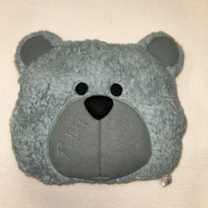 Wärmekissen Bär personalisiert aus Baumwollplüsch in mintgrün. Das Wärmekissen besteht aus dem Bärenkopf, mit abstehenden Ohren, aufgenähten schwarzen Augen und brauner Nase. Der Name Leo wurde in die Schnauze gut leserlich in 3 cm großen Buchstaben auf der linken Seite eingestickt.